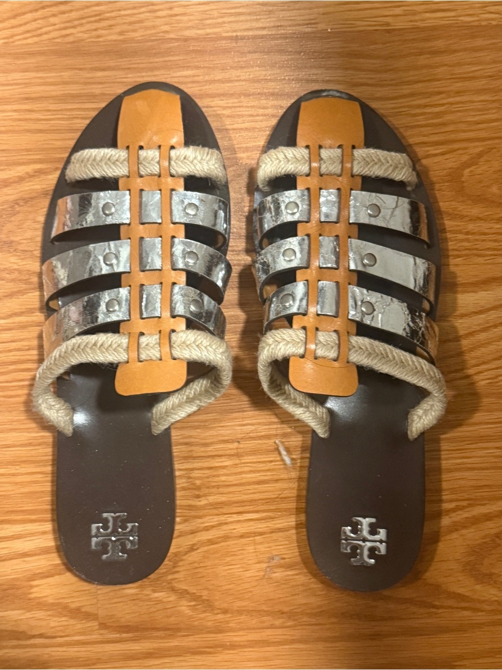 Tory Burch Brown, Tan & Metallic Rope-Trim Slide Sandals